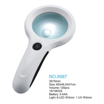 تصویر  ذره بین و لوپ دستی چراغ دار  9587 LED-UV - لمسی دور لامپ كامار (چین) 75mm 3X-10X