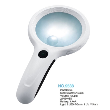 تصویر  ذره بین و لوپ دستی چراغ دار  9588 LED-UV - لمسی دور لامپ كامار (چین) 90mm 2/5X